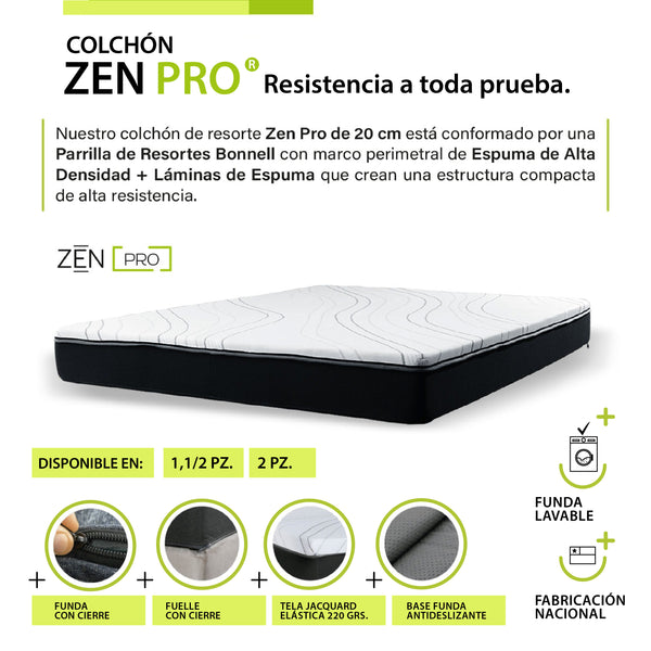Colchon Zen Pro 1 1/2 Plaza Resortes - Funda Lavable