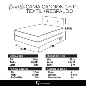 Combo Cama Cannon - 1,5 plazas + Almohada + Sabanas + Respaldo