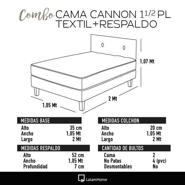 Combo Cama Cannon - 1,5 plazas + Almohada + Sabanas + Respaldo