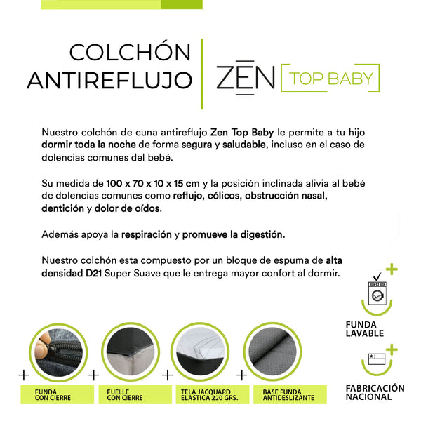 Colchon Cuna Antireflujo Zen Top Baby Con Funda 70X100X15 Cm
